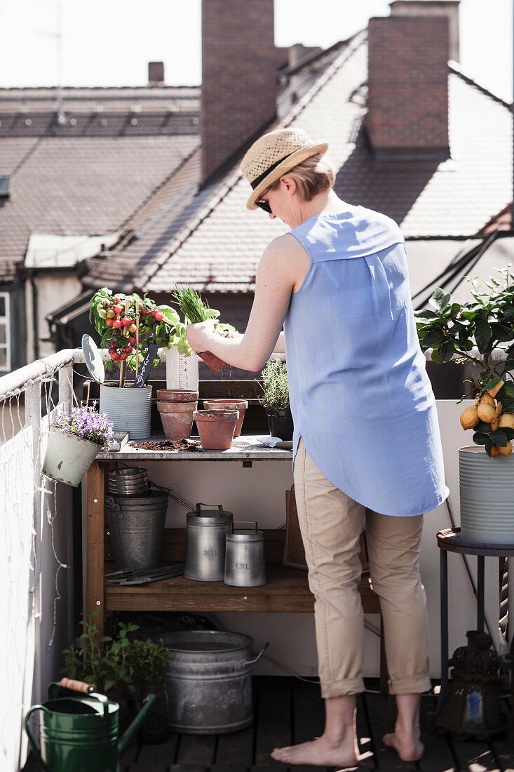 Woman planting up terracotta pots on potting bench on roof terrace