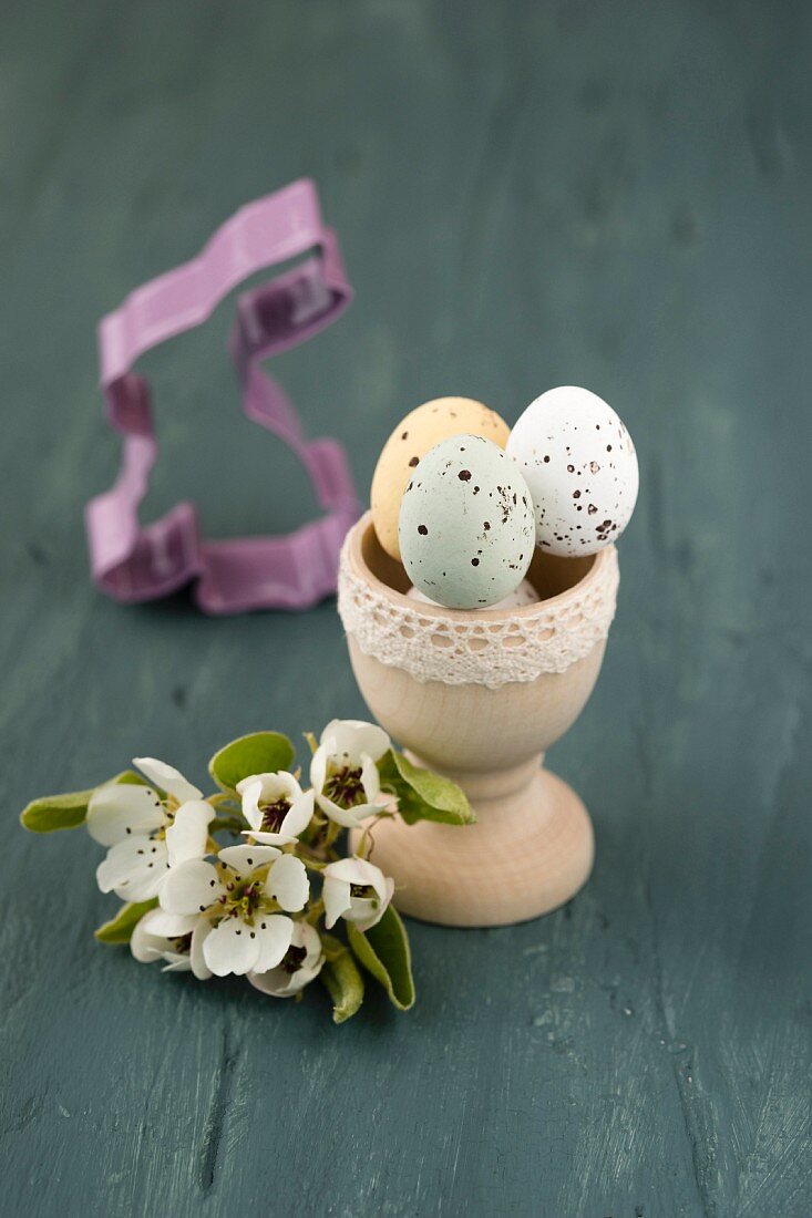 Sugar-coated chocolate eggs in wooden egg cup and pear blossom