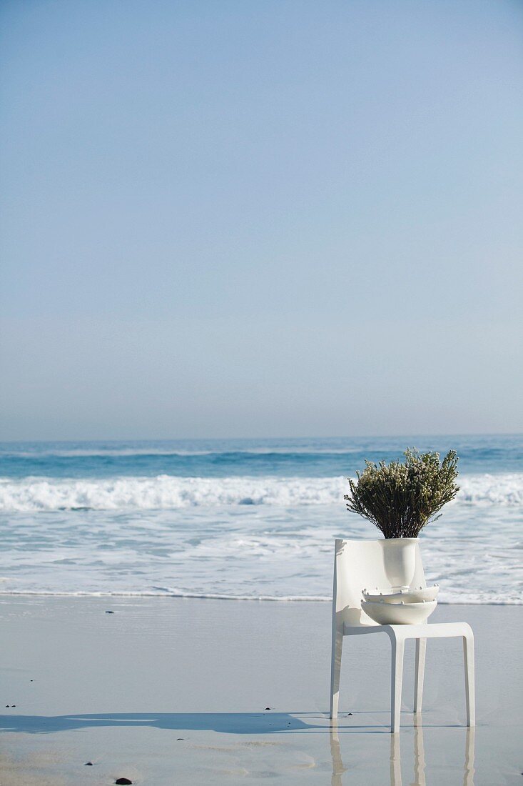 Zweige in Vase auf weissen Outdoor Stuhl an Meeresstrand