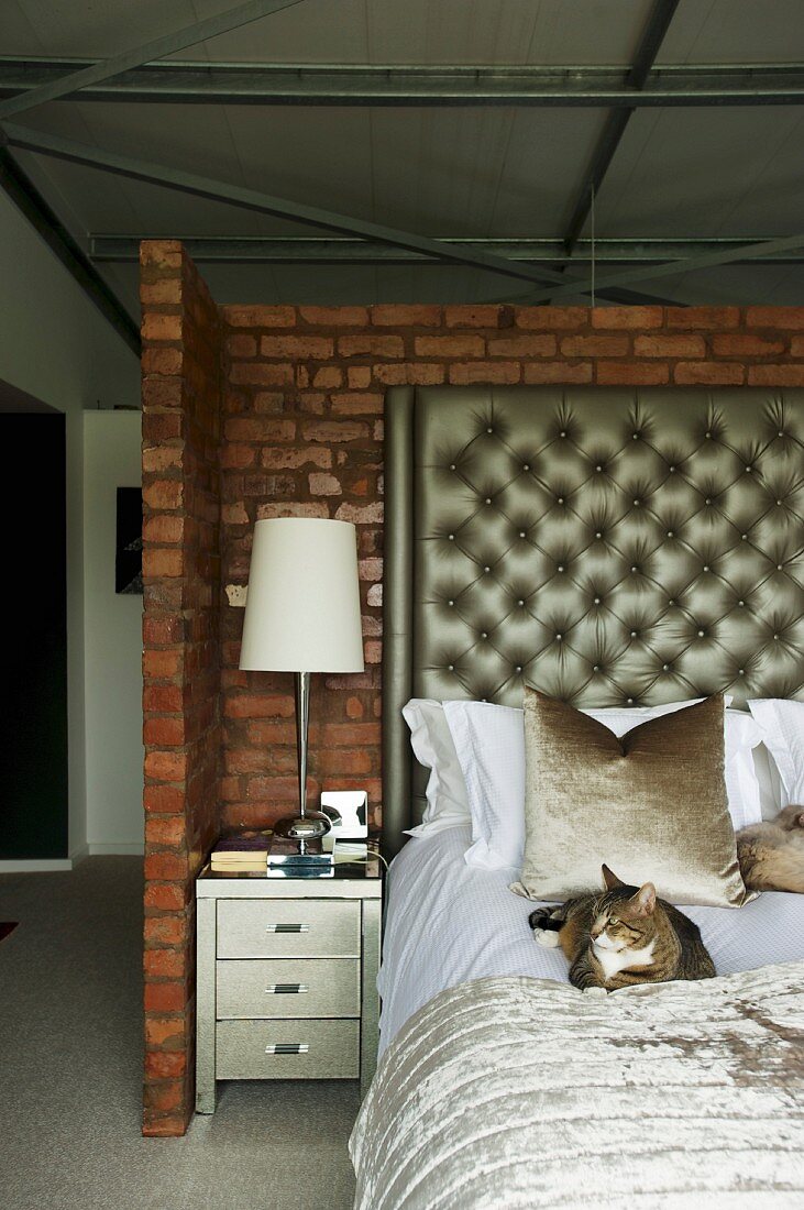 Cat on double bed with button-tufted headboard against brick wall
