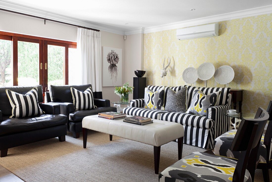Mixture of striped, ikat and ornamental patterns in black, white and yellow