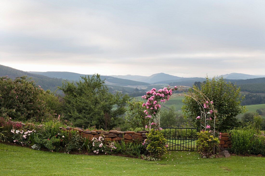 Half-height garden wall, pink climbing rose on archway over gate and mountain landscape in background