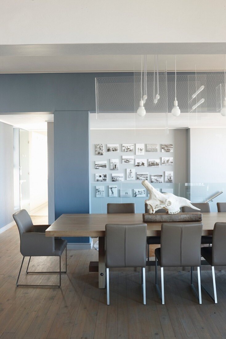 Simple dining room in shades of blue and grey
