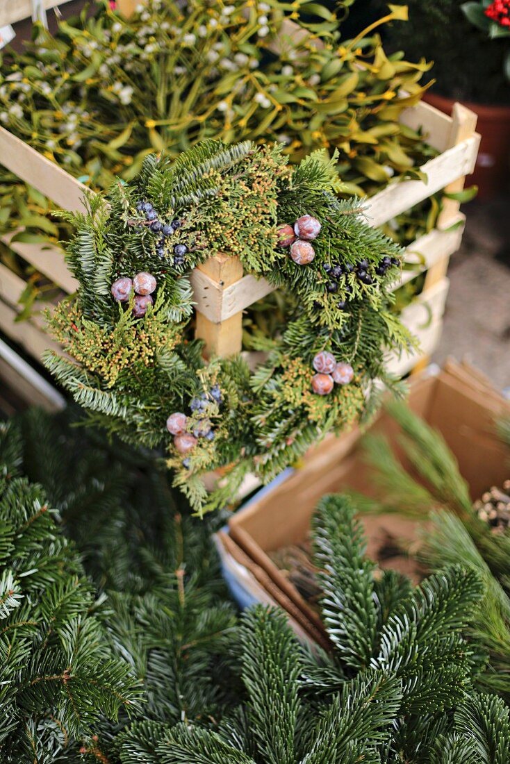 Advent wreath of fir branches on crate of mistletoe