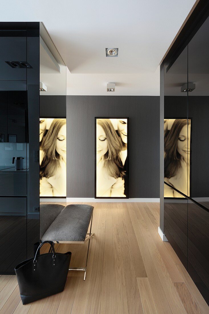 Hallway lined with black, glossy fitted cupboards leading to large portrait on dark wall