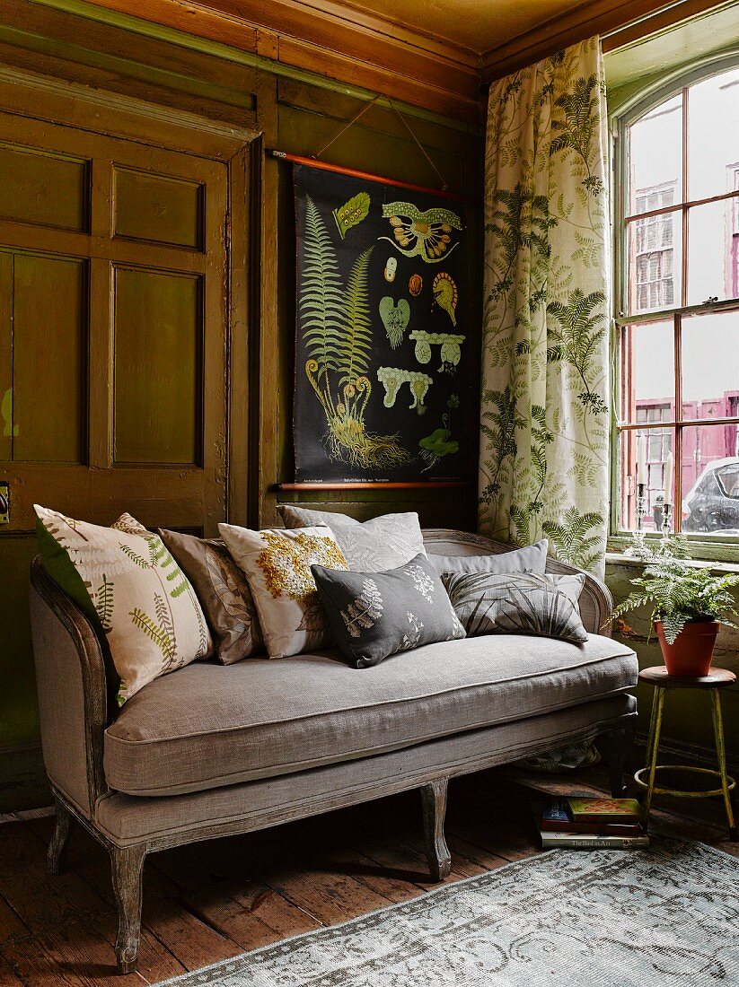 Rokoko Sofa mit grauem Bezug, Vorhang mit botanischem Muster und Rollkarte mit Pflanzenabbildung