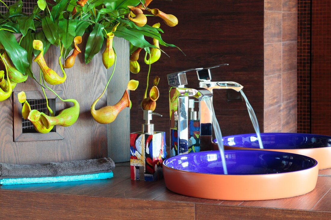 Waschbecken in Designerstil mit fliessendem Wasser, seitlich Kannenpflanzen
