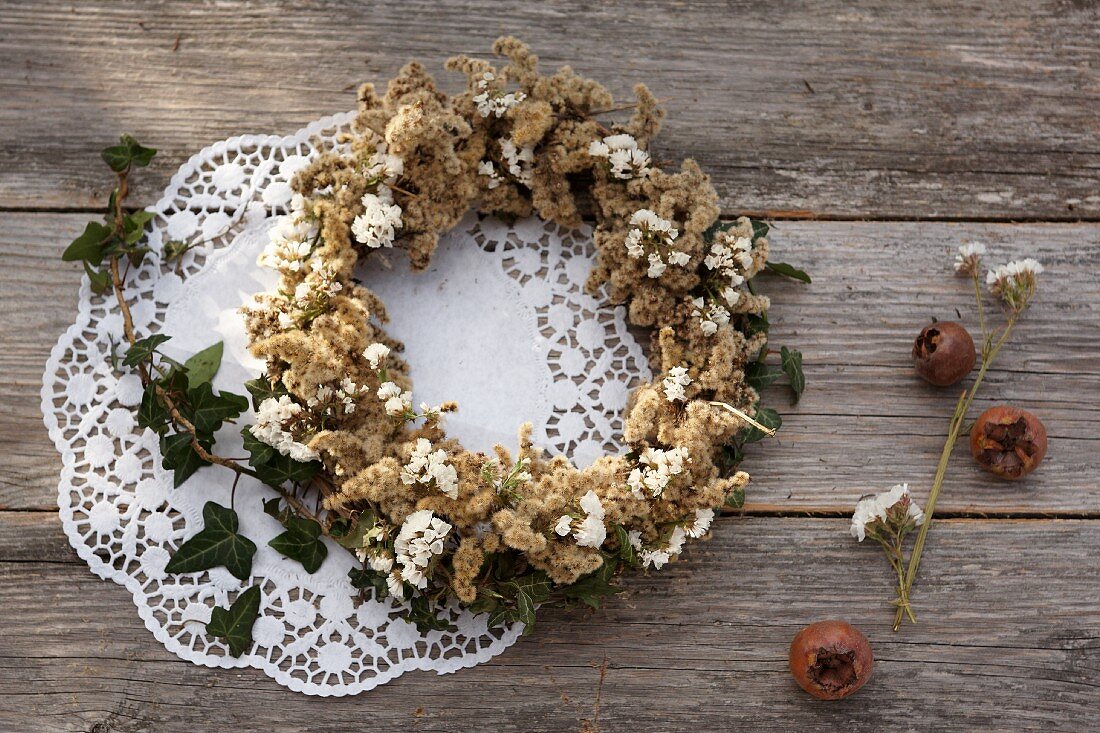 Autumn wreath of dried goldenrod, sea lavender and ivy