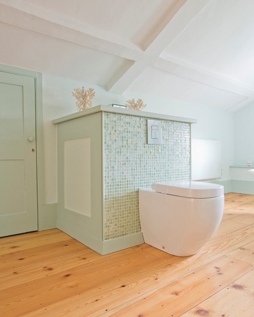 Modernes WC vor massgefertigtem, halbhohem Schrank mit Glas Mosaiksteinen in Pastellgrün