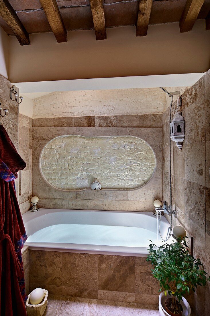 Rustic Modern Bathroom With Wood, Stone Bathtub Surround