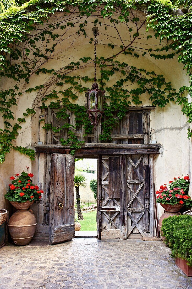 Blick vom Innenhof auf rustikales Holztor, seitlich blühende Blumen in Pflanzschalen