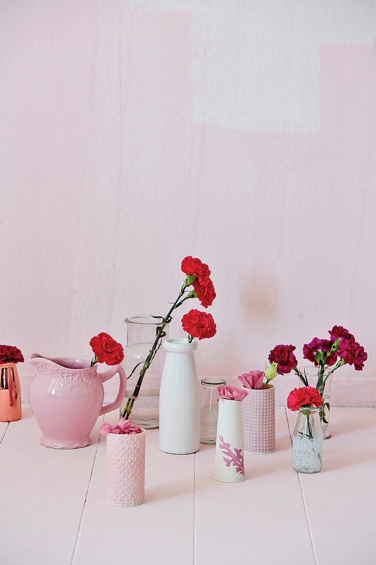 Red carnations in various vases against pink background