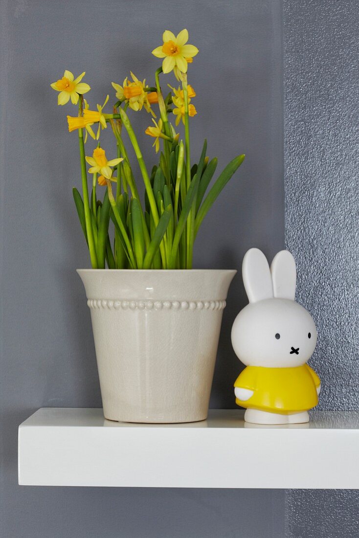 Potted narcissus and bunny figurine on shelf on grey wall