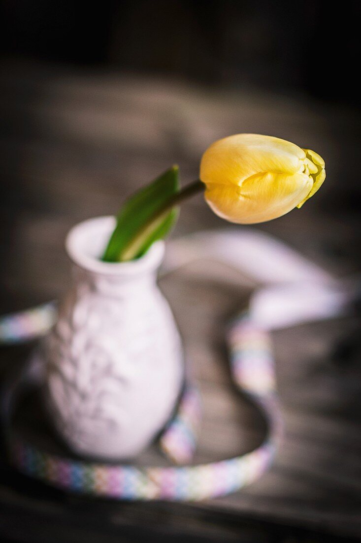Eine gelbe Tulpe in kleiner Keramikvase