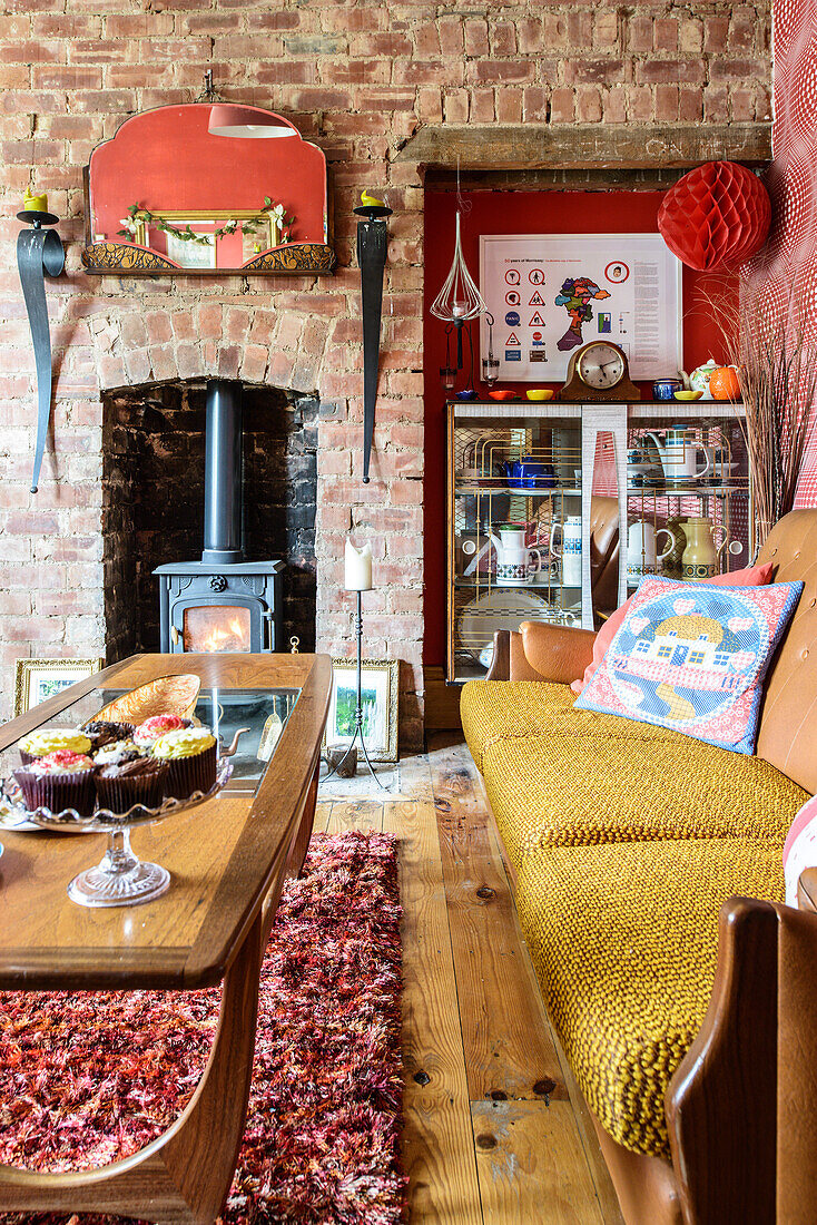 Retro furniture and brick wall in living room