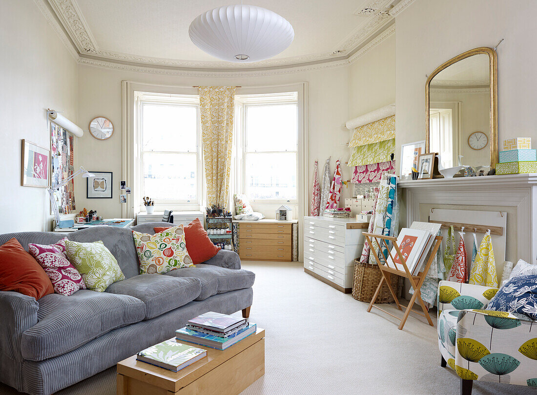 Fabrics in living room and studio of artist's apartment