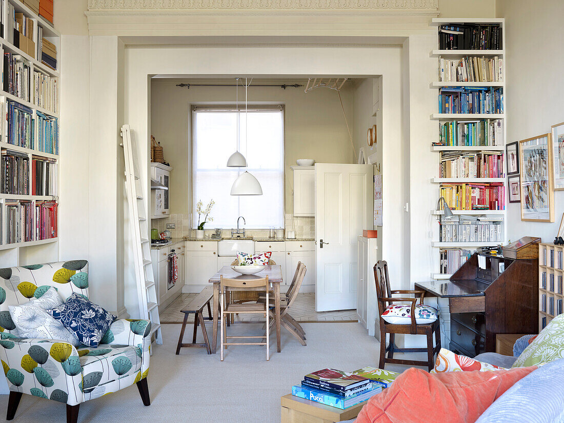 Open-plan kitchen in interior of artist's apartment