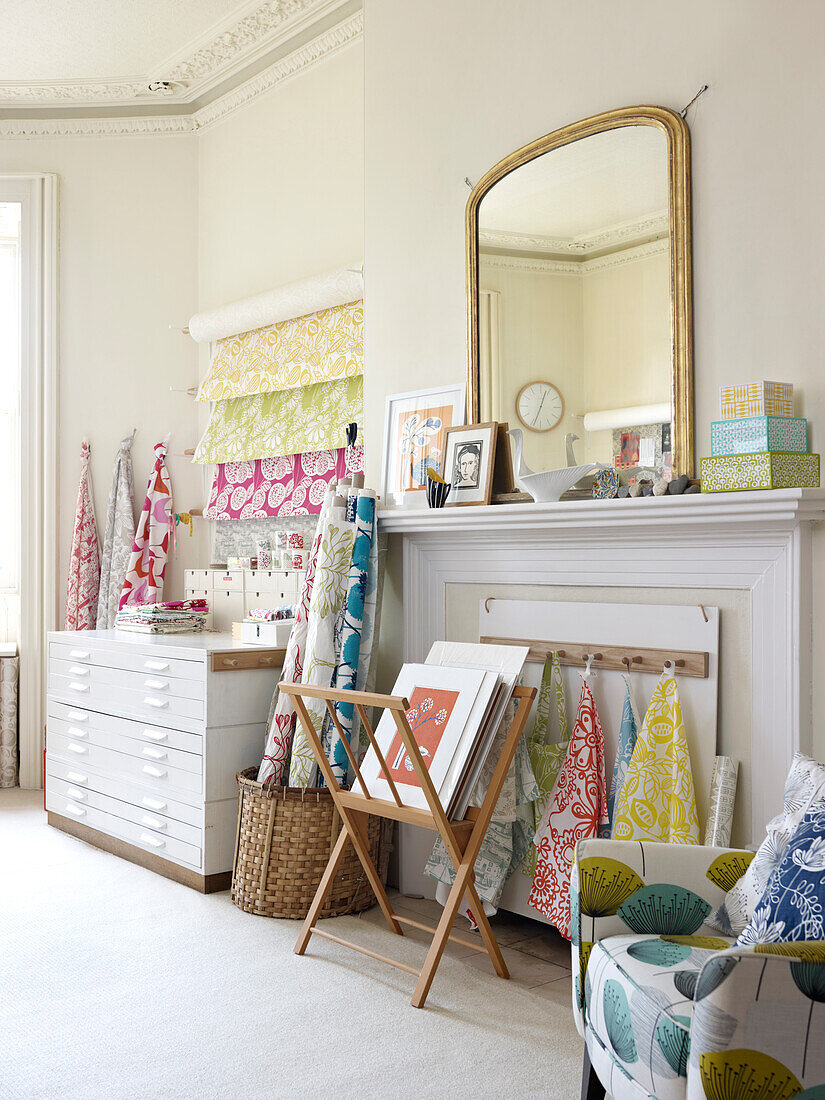 Various printed fabrics in artist's apartment