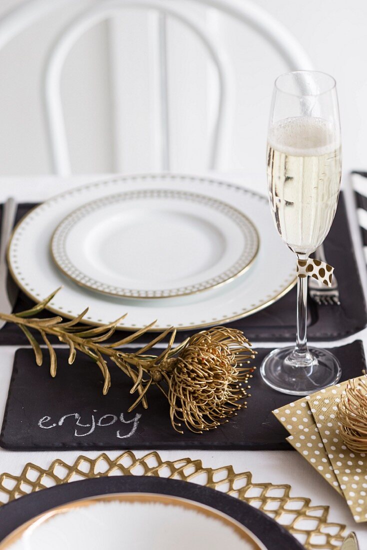 Festive place setting with champagne glass