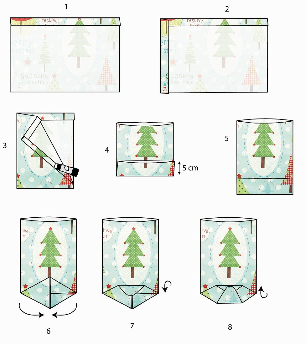 Illustrated instructions for making folded paper bags for DIY Advent calender
