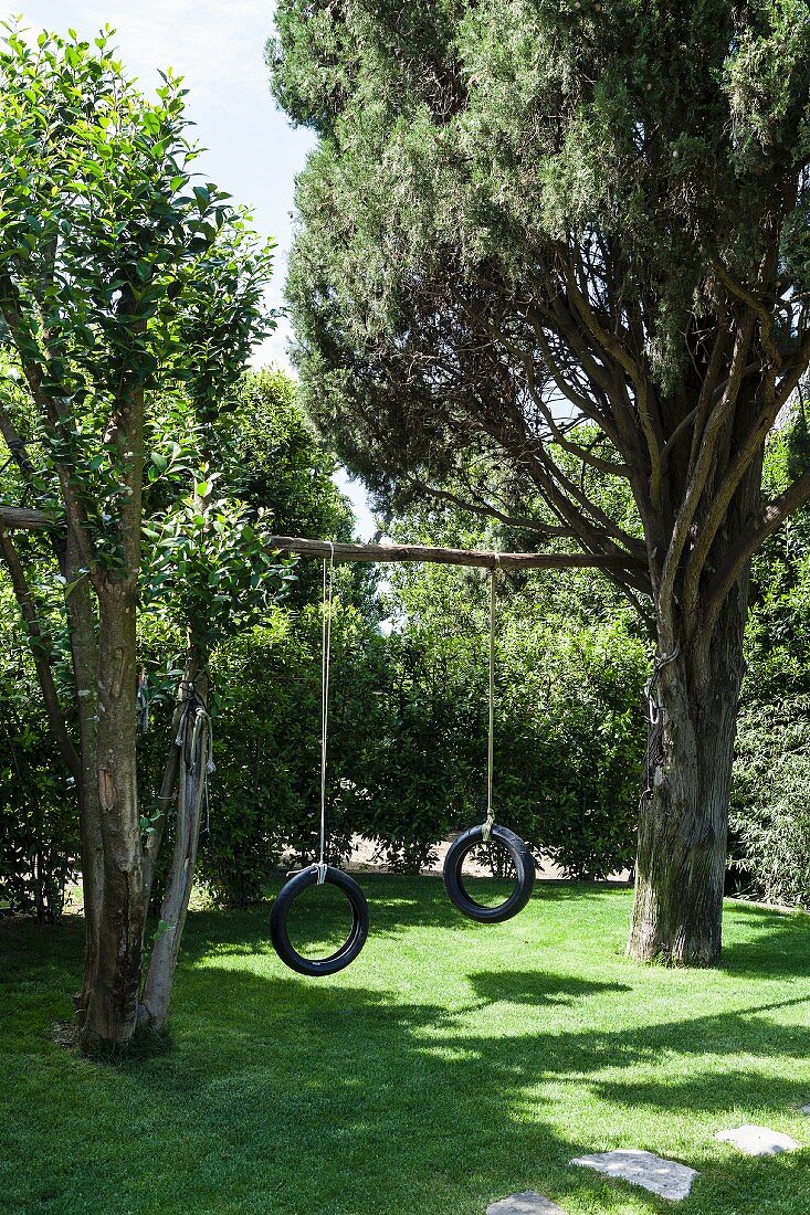 Zwei Reifen-Schaukeln zwischen Bäumen an Rundholzstange aufgehängt in sommerlichem Garten