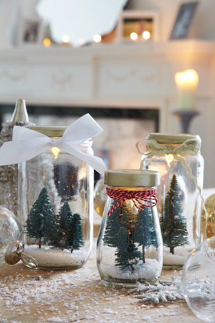 Miniature Christmas trees in jars
