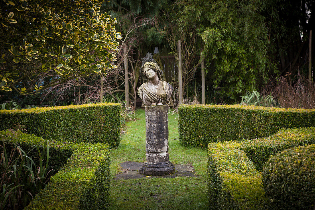 Clipped box hedges in autumnal garden with bust of woman on weathered plinth