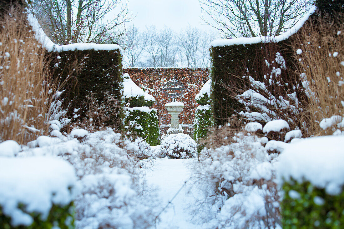 Snow-covered garden path with hedges and sculpture in winter