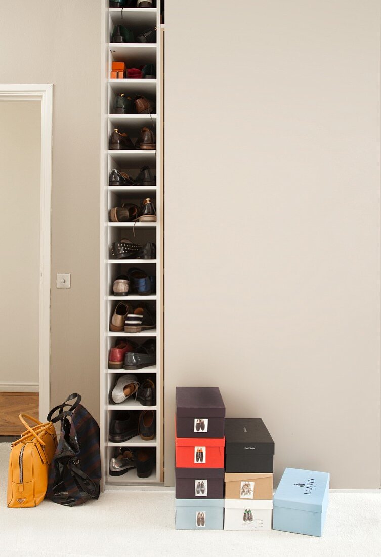 Many shoes in tall, narrow shoe cabinet 