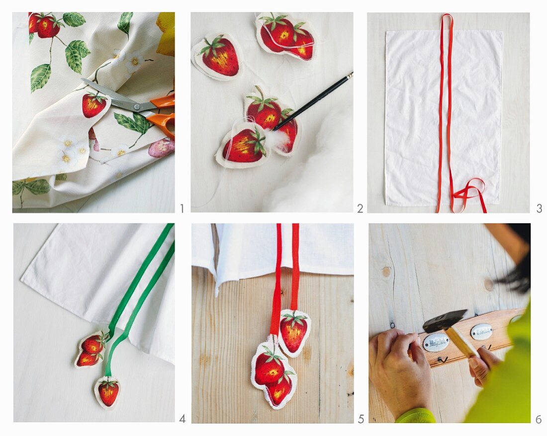 Instructions for decorating tea towels with cut-out strawberry motifs and colourful ribbons