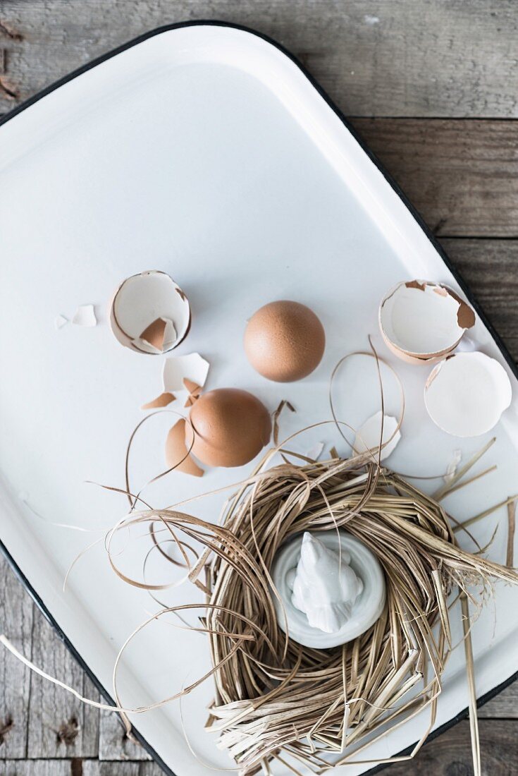 Weißes Tablett mit Eierschalen und einem Nest aus Bast