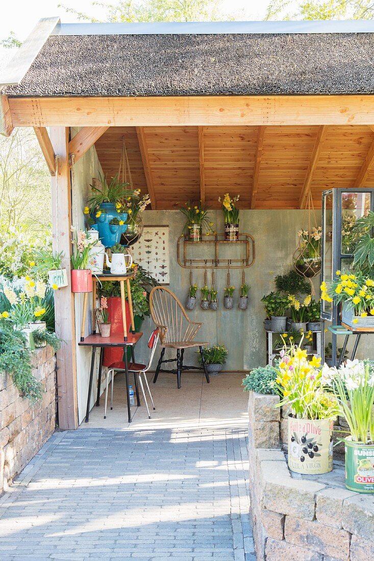 Various potted plants in summer house with three open sides