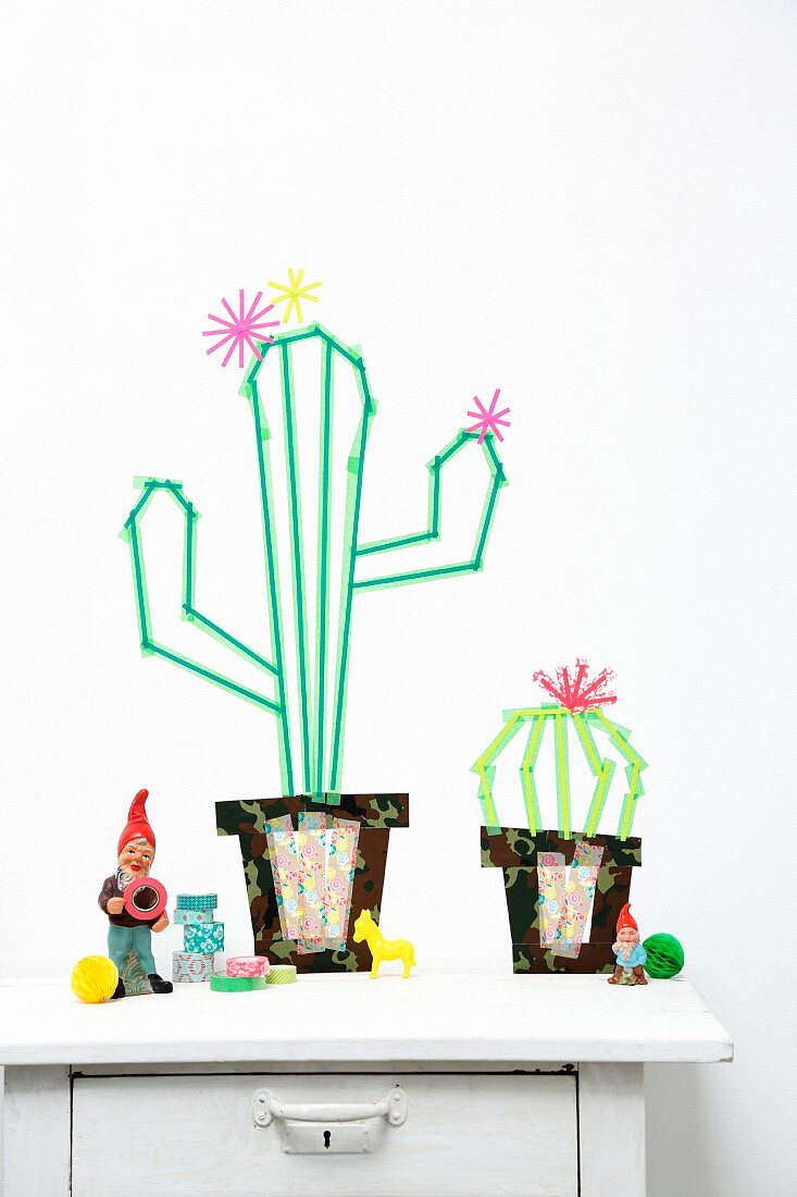 Washi-tape cacti decorating wall