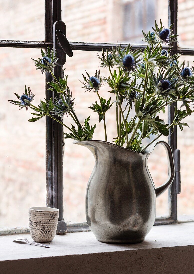 Blaue Disteln in einer Zinkkanne als Vase vor einem Fabrikfenster