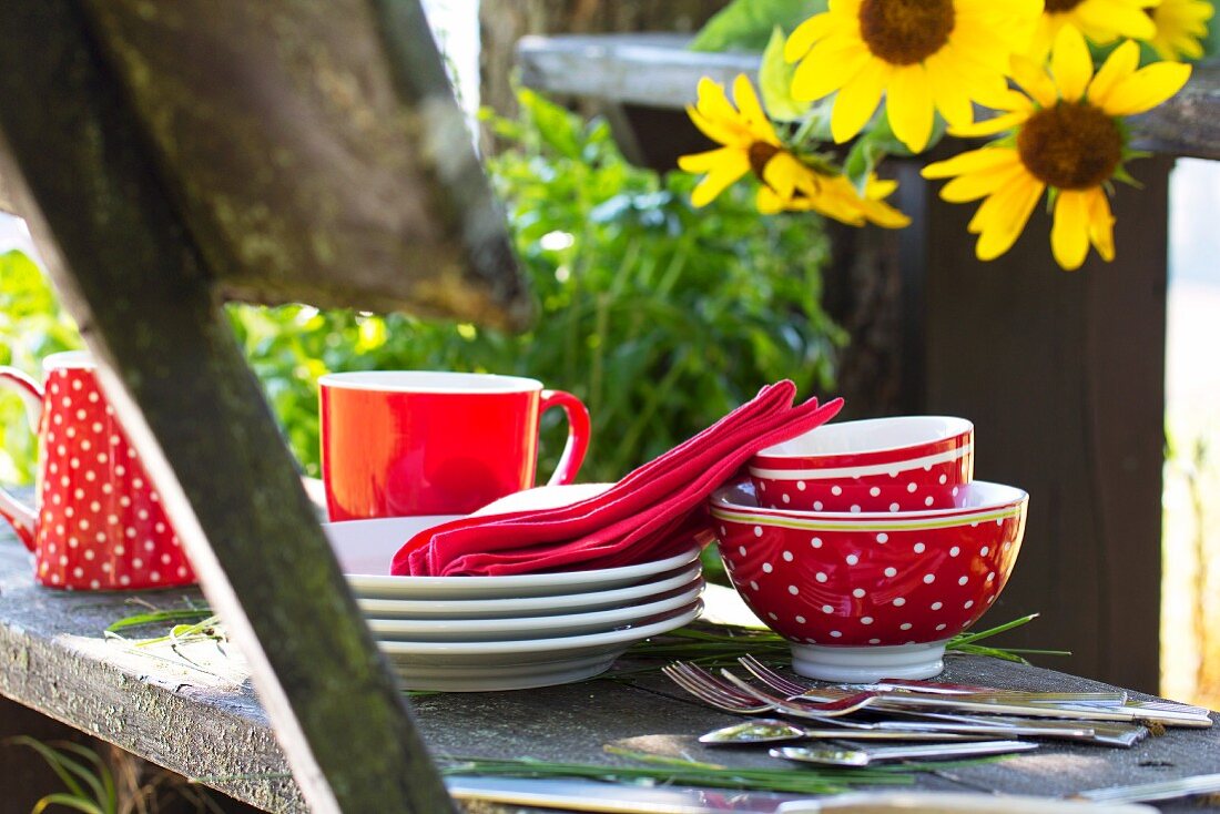 Rot-weisses Picknickgeschirr und Besteck auf rustikaler Holzbank neben Sonnenblumen