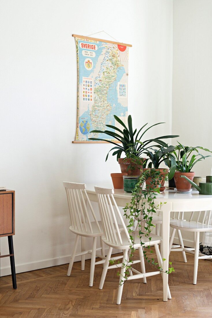 weiße Holzstühle um Esstisch mit Topfpflanzen in Retro Ambiente