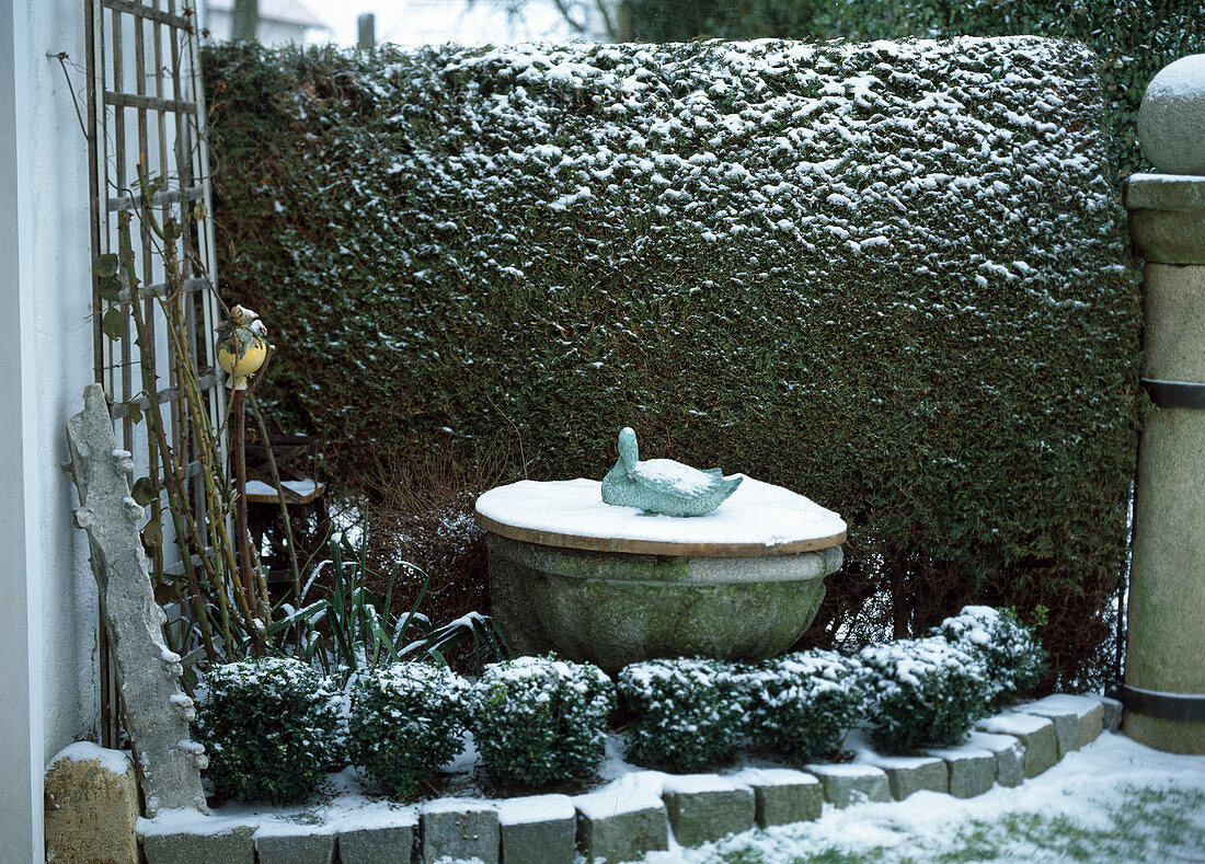 Fountain in winter covered with wooden board