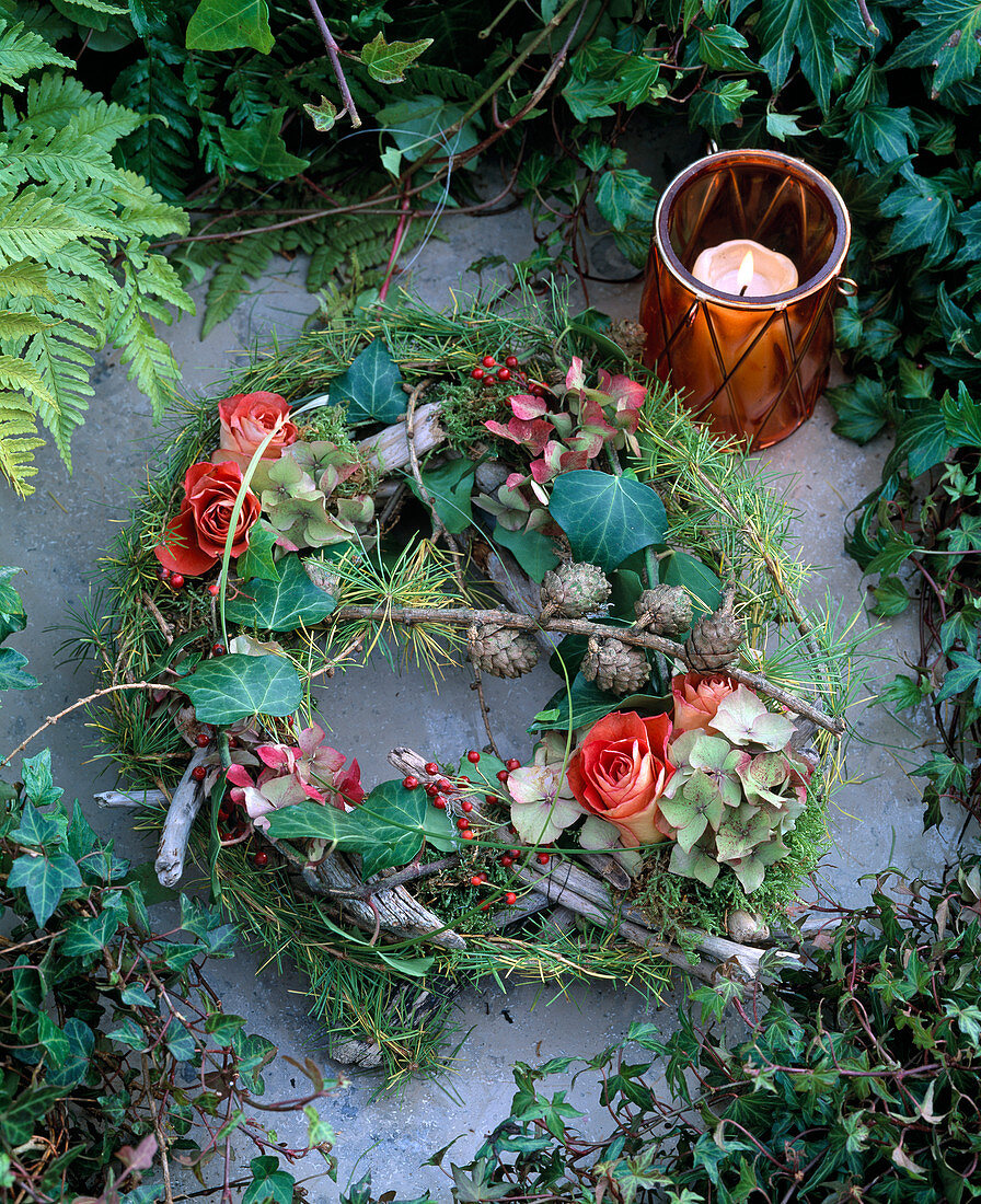 Grave decorations, wreath of driftwood bound with wire, larch