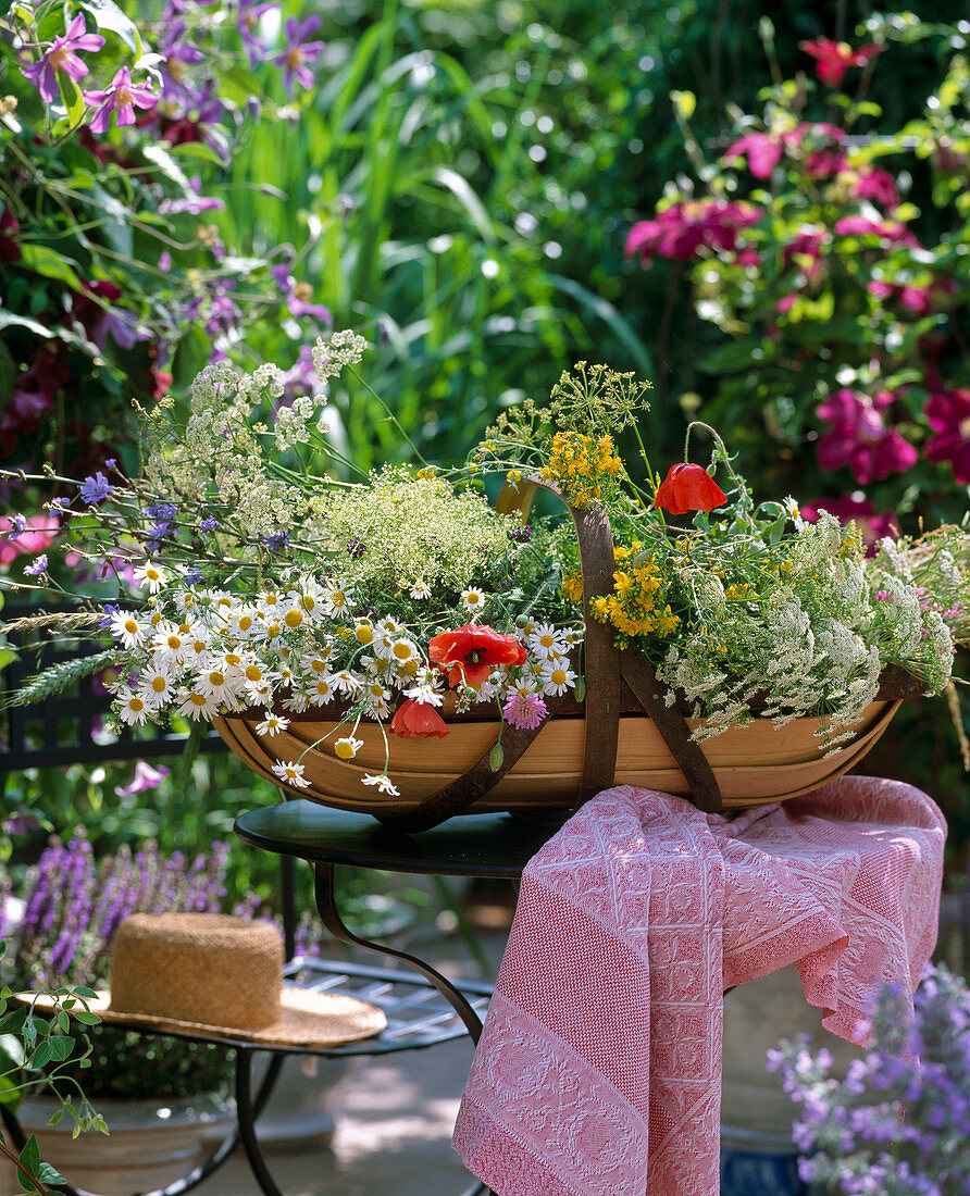 Basket with fresh cut meadow flowers