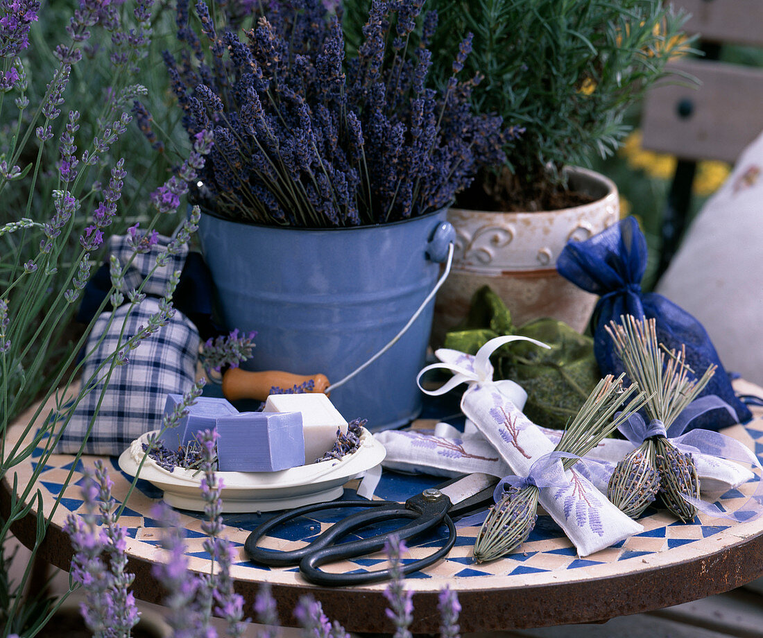 Lavender style, bucket of lavandula (lavender), lavender sachets