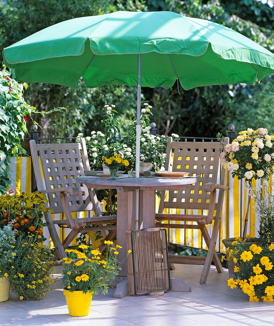 Yellow balcony with umbrella, placed in the hole provided in the table
