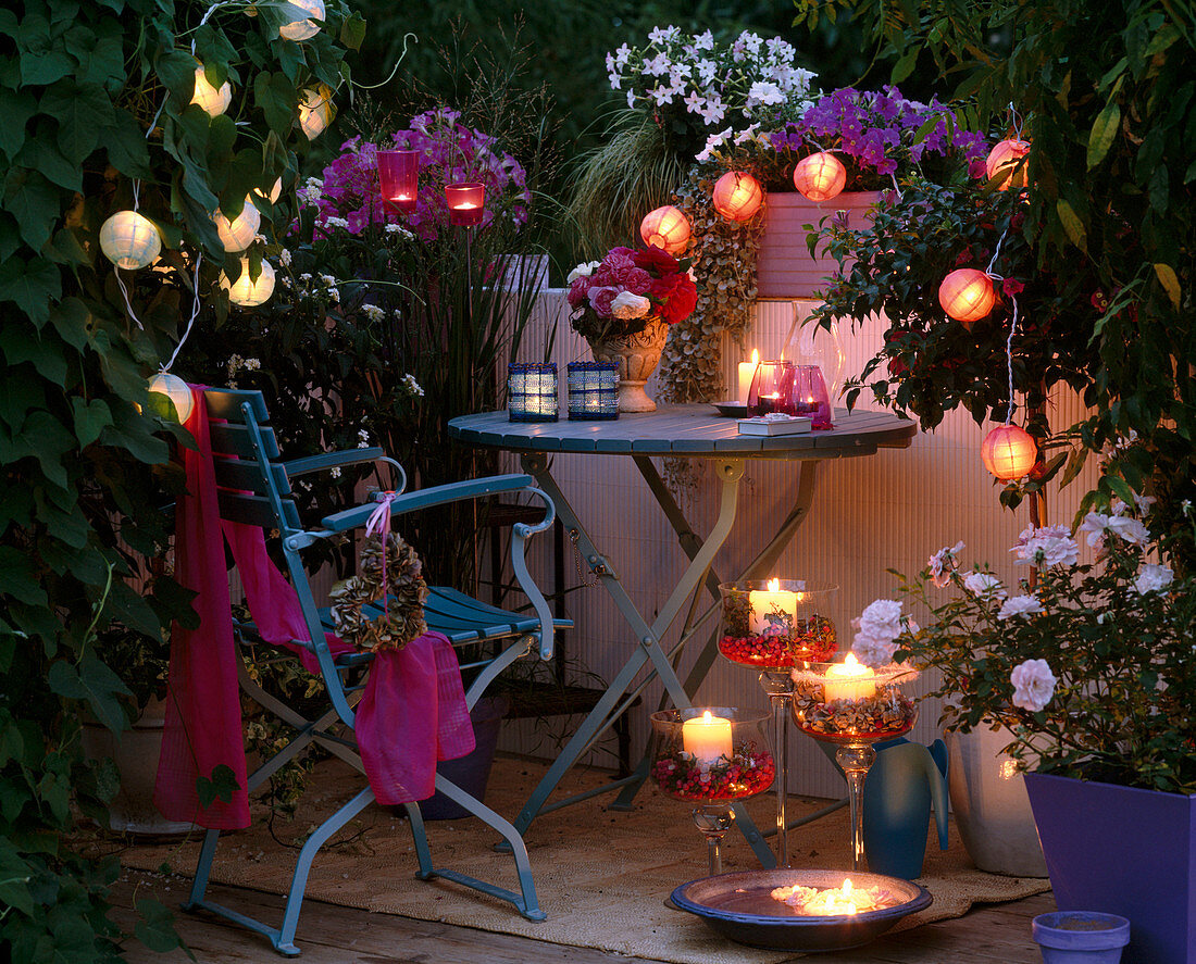 Balcony with fairy lights and candles