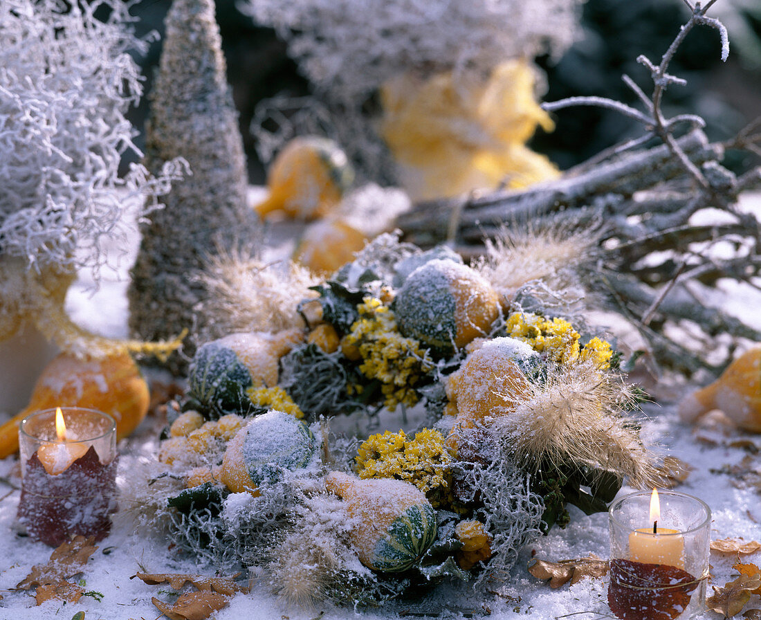 Wreath with hoarfrost, snow, cucurbita (ornamental squash), limonium