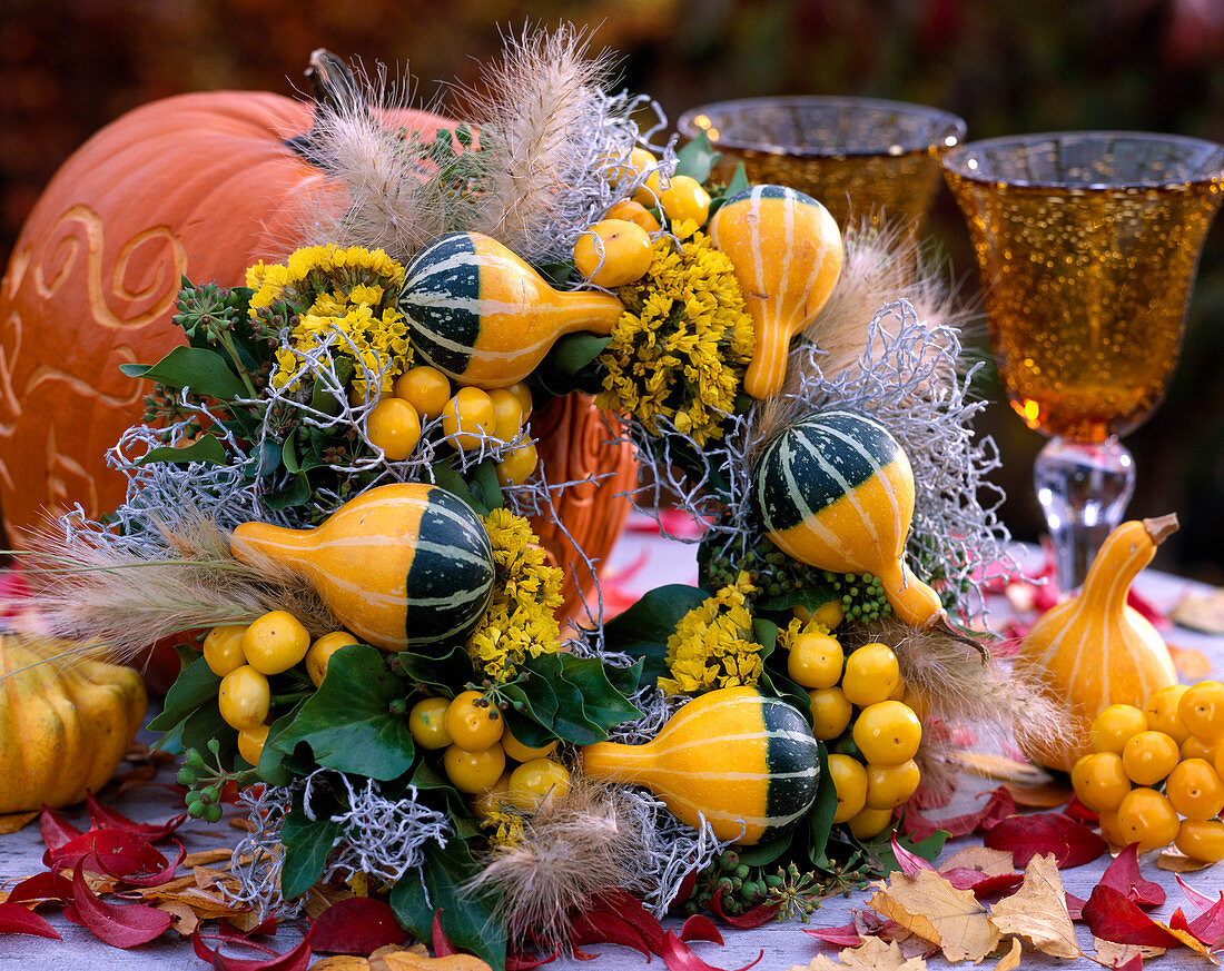 Ornamental gourds, limonium and grasses wreath