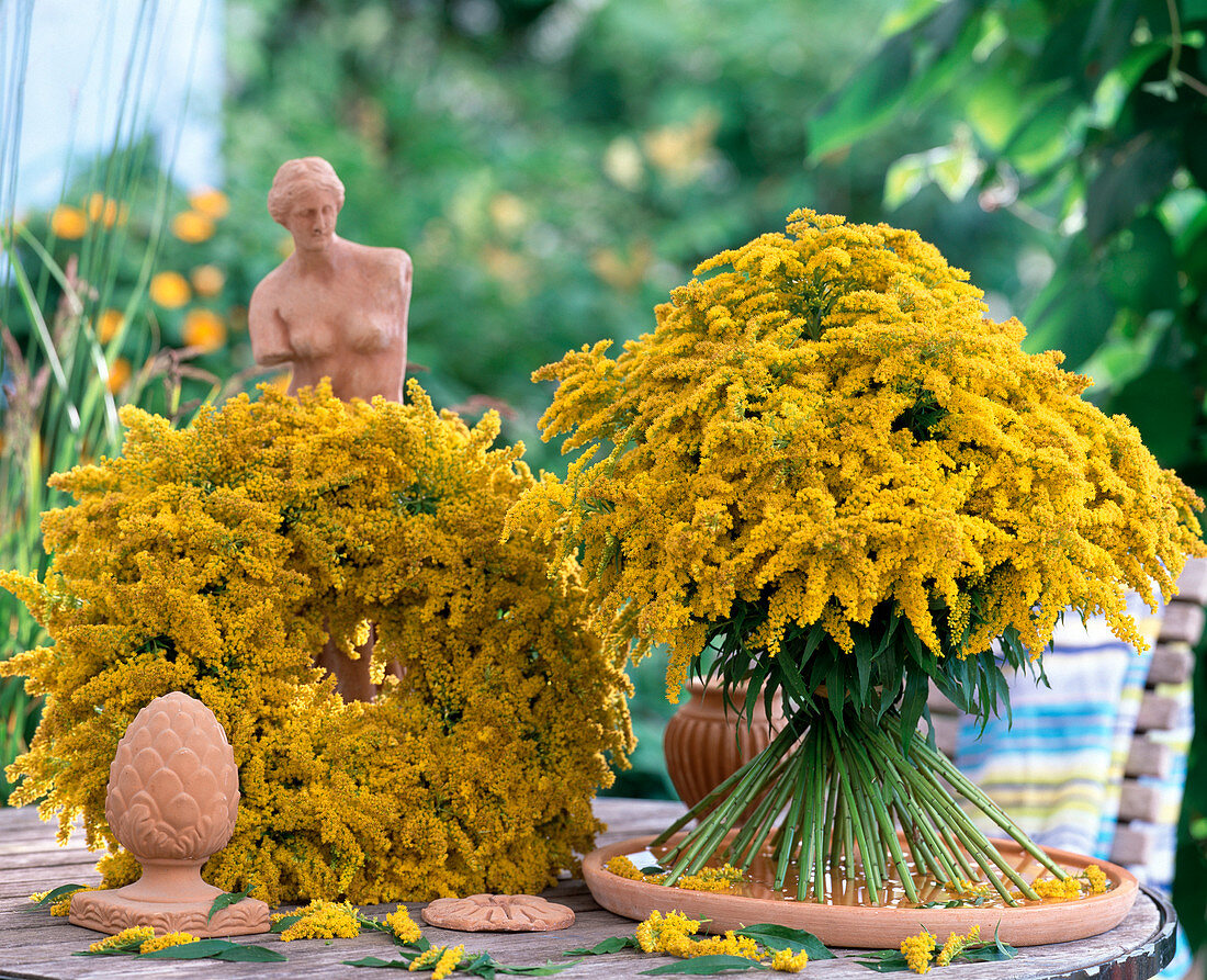 Solidago (goldenrod) as wreath and standing bouquet