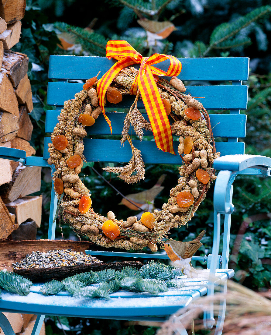 Self made birdseed wreath of millet, apricots and Nobilistanne