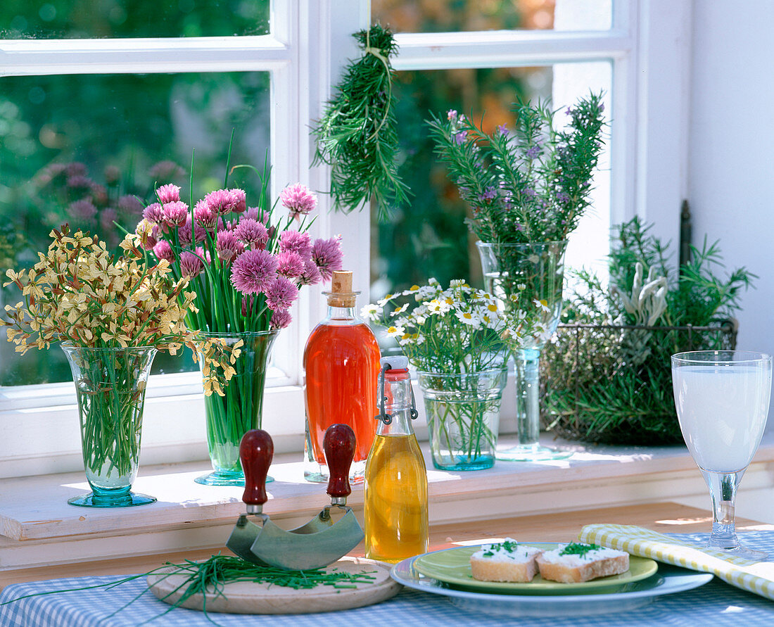 Herb bouquets on the windowsill