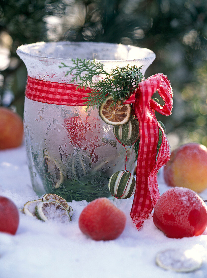 Frozen glass with ribbon as a lantern