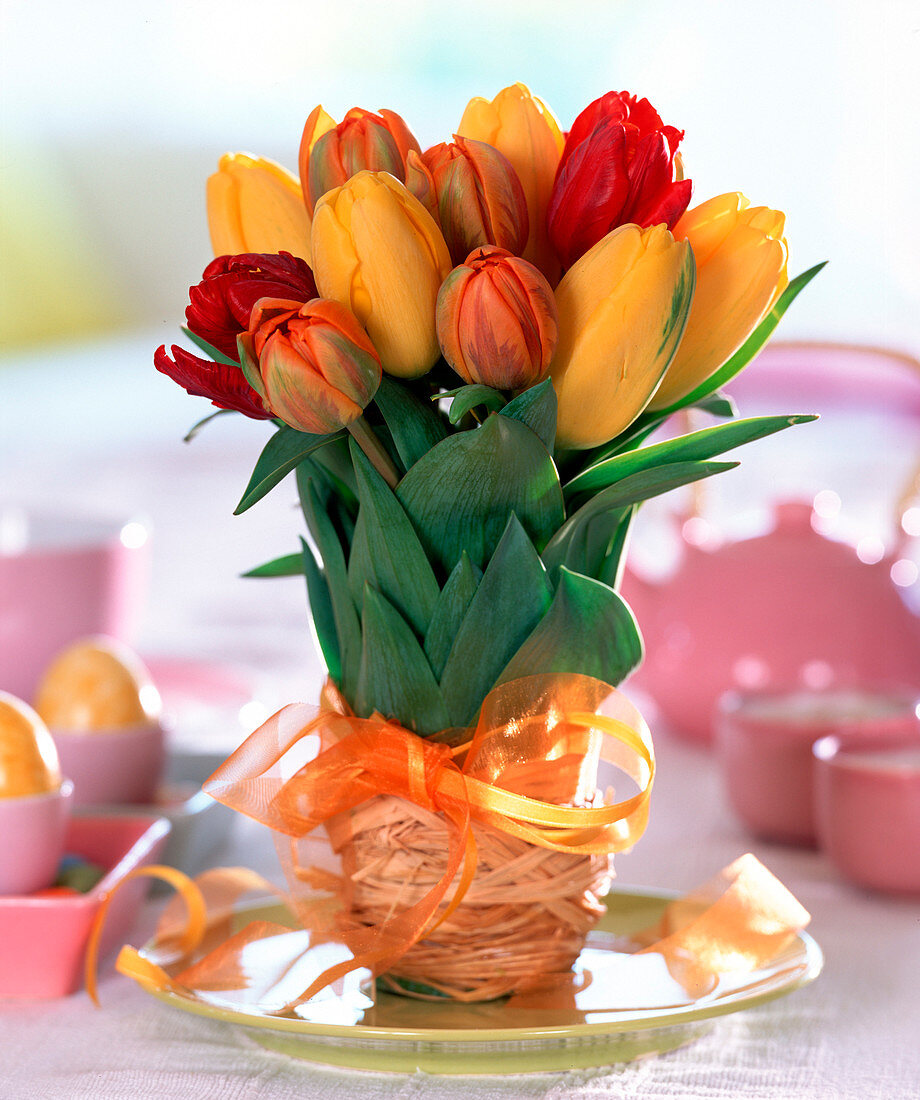 Tulipa (gelbe, orange, rote Tulpen), Vase mit Bast umwickelt