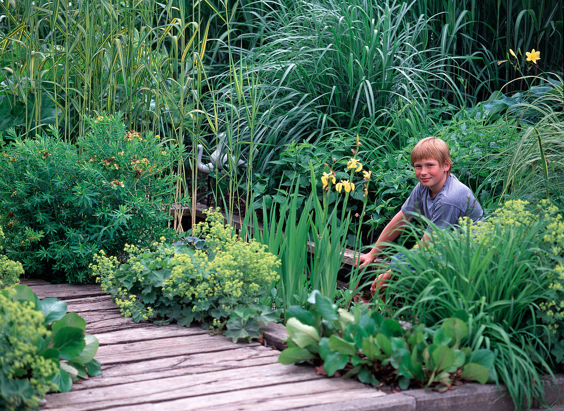 Boy near water basin with iris (marsh iris)